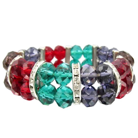 Vintage Jeweltone Stretch Facetted Bead Bracelet Rhinestone Spacers - Picture 1 of 2